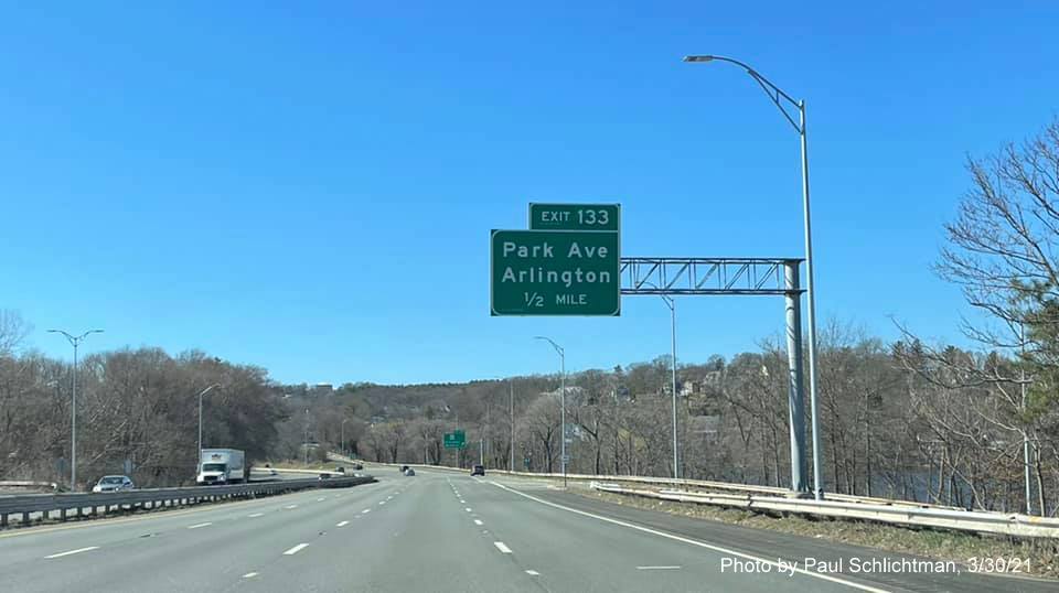 Image of 1/2 mile advance overhead sign for Park Avenue exit with new milepost based exit number on MA 2 West in Arlington, by Paul Schlichtman, March 2021