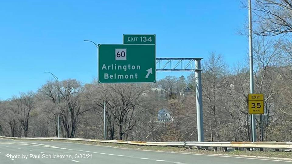 Image of overhead ramp sign for MA 60 exit with new milepost based exit number on MA 2 West in Arlington, by Paul Schlichtman, March 2021
