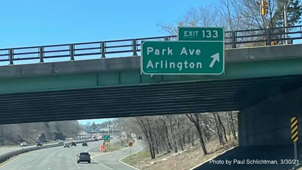 Image of overhead ramp sign for Park Avenue exit with new milepost based exit number on MA 2 West in Arlington, by Paul Schlichtman, March 2021
