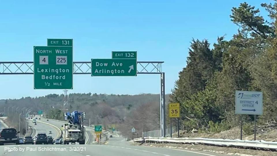 Image of overhead ramp sign for Dow Avenue exit with new milepost based exit number on MA 2 West in Arlington, by Paul Schlichtman, March 2021