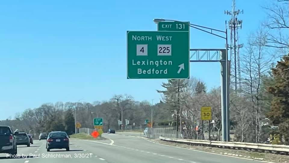 Image of overhead ramp sign for MA 4 North/MA 225 West exit with new milepost based exit number on MA 2 West in Arlington, by Paul Schlichtman, March 2021