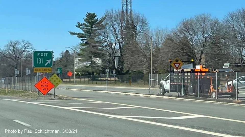 Image of gore sign for MA 4 North/MA 225 West exit with new milepost based exit number on MA 2 West in Arlington, by Paul Schlichtman, March 2021