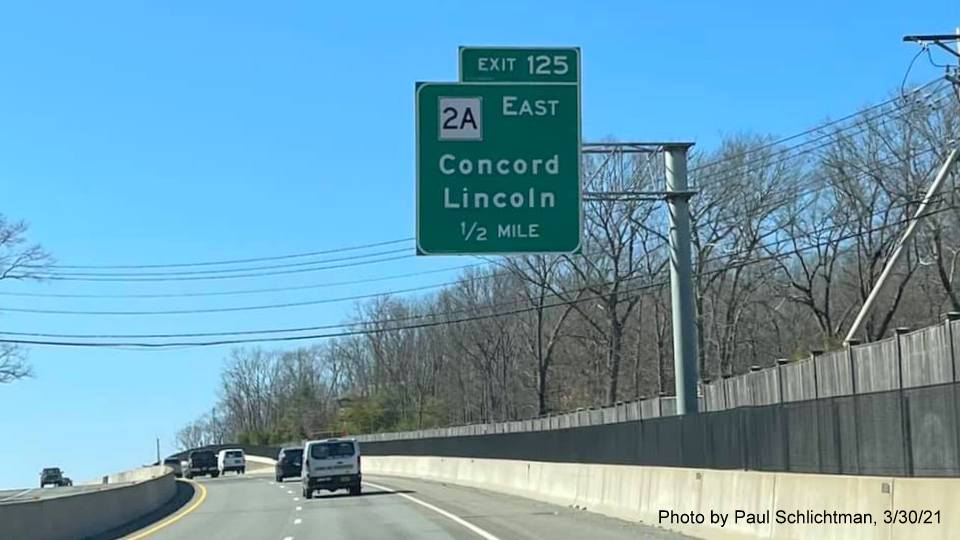 Image of 1/2 mile advance overhead sign for MA 2A East exit with new milepost based exit number on MA 2 West in Lincoln, by Paul Schlictman, March 2021
