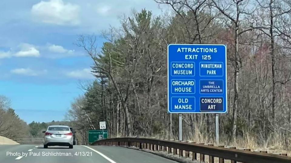 Image of auxiliary sign for MA 2A East exit with new milepost based exit number on MA 2/2A East in Concord, by Paul Schlichtman, April 2021