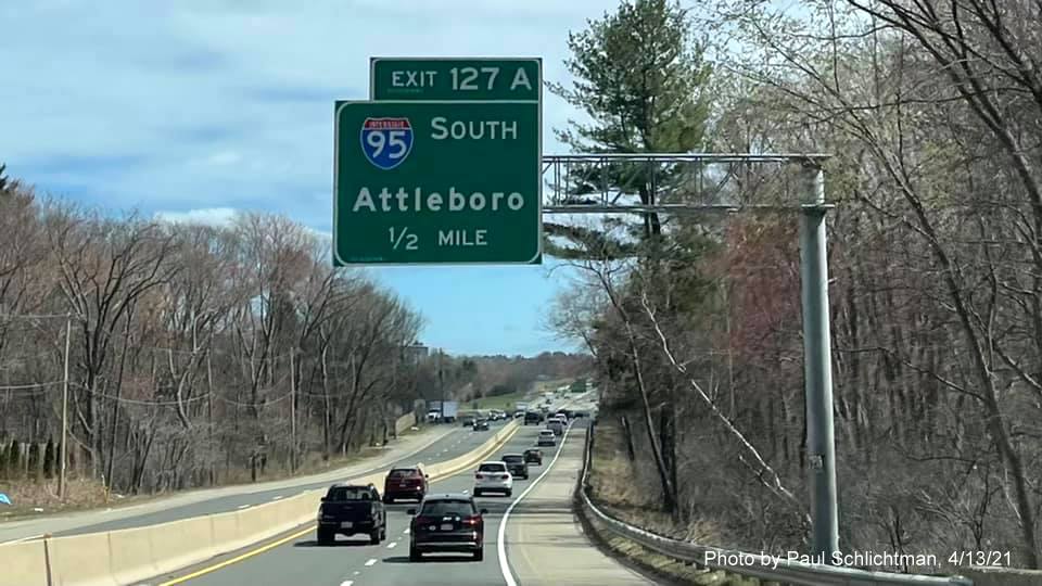 Image of 1/2 mile advance overhead sign for I-95/MA 128 South exit with new milepost based exit number on MA 2 East in Lincoln, by Paul Schlichtman, April 2021