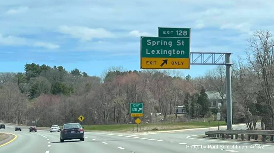 Image of overhead ramp sign for Spring Street exit with new milepost based exit number on MA 2 East in Lexington, by Paul Schlichtman, April 2021