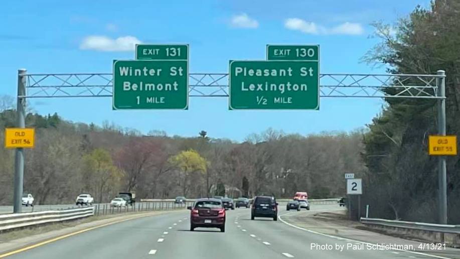 Image of 1/2 Mile advance overhead sign for Pleasant Street exit with new milepost based exit number on MA 2 East in Lexington, by Paul Schlichtman, April 2021