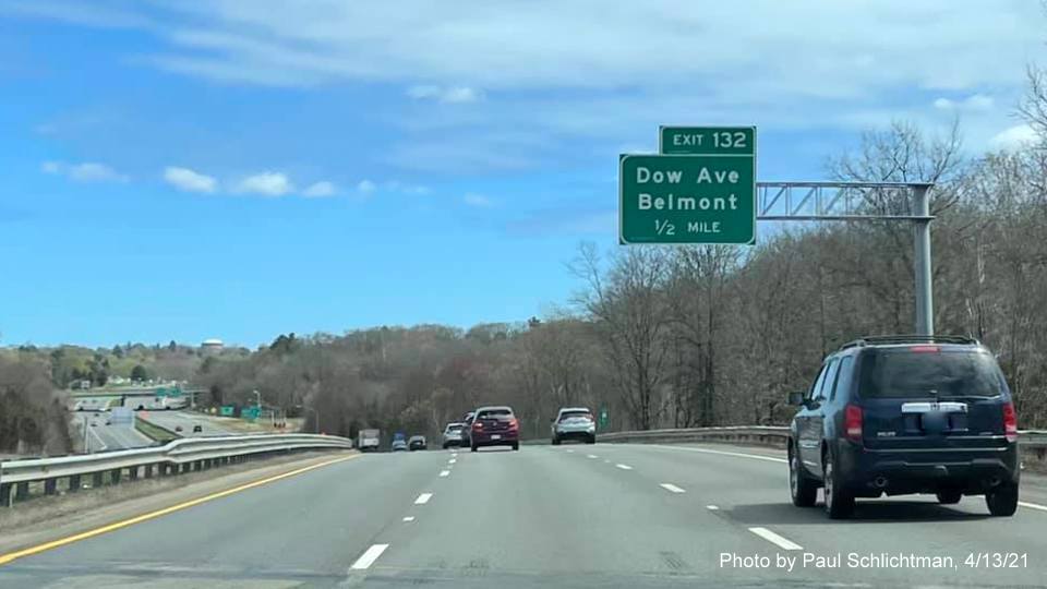 Image of 1/2 Mile advance overhead sign for Dow Avenue exit with new milepost based exit number on MA 2 East in Arlington, by Paul Schlichtman, April 2021
