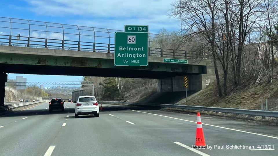 Image of 1/2 mile advance for MA 60 exit with new milepost based exit number on MA 2 East in Arlington, by Paul Schlichtman, April 2021 