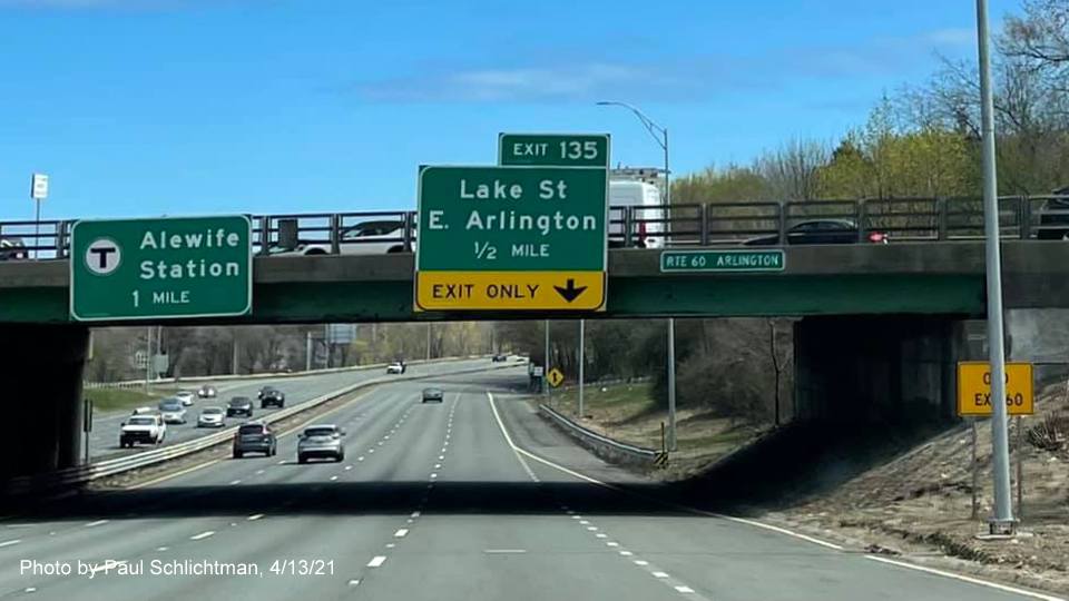 Image of 1/2 mile advance bridge mounted sign for Lake Street exit with new milepost based exit number on MA 2 East in Arlington, by Paul Schlichtman, April 2021