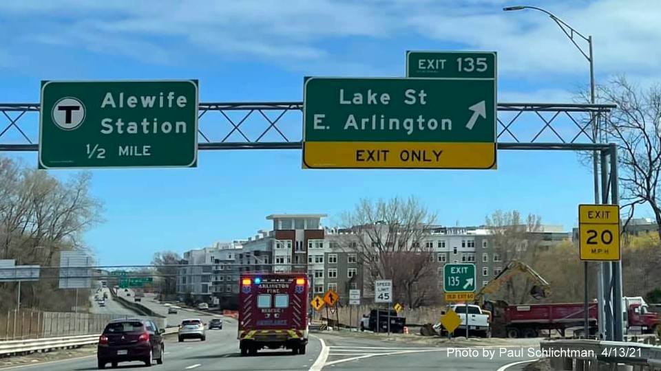 Image of overhead ramp sign for Lake Street exit with new milepost based exit number on MA 2 East in Arlington, by Paul Schlichtman, April 2021