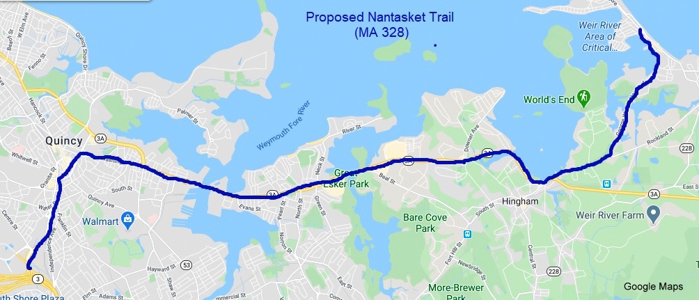 Google Maps image of proposed Nantasket Trail/MA 328 route from Braintree to Hull, created March 29, 2020