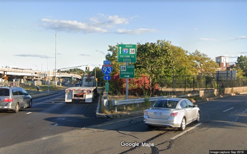 Google Maps Street View image of guide sign with MA 38 South at intersection with MA 28 in Somerville, taken in Sept. 2019