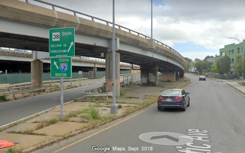 Google Maps Street View image of guide sign at ramp to I-93 South indicating MA 38 South goes to Sullivan Square, taken in Sept. 2019