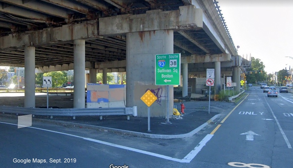 Google Maps Street View image of new style MassDOT guide sign at intersection with MA 28 implying MA 38 South goes to Sullivan Square, taken in Sept. 2019