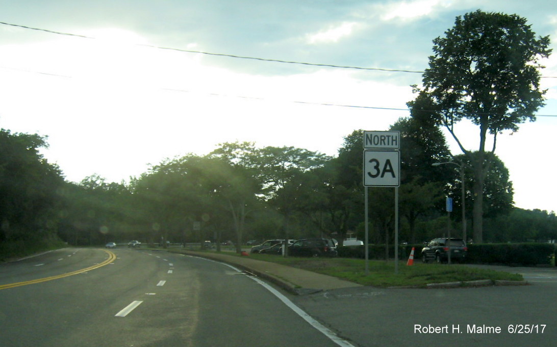 Image taken of new twin-posted North MA 3A reassurance marker along Otis St by Hingham Harbor