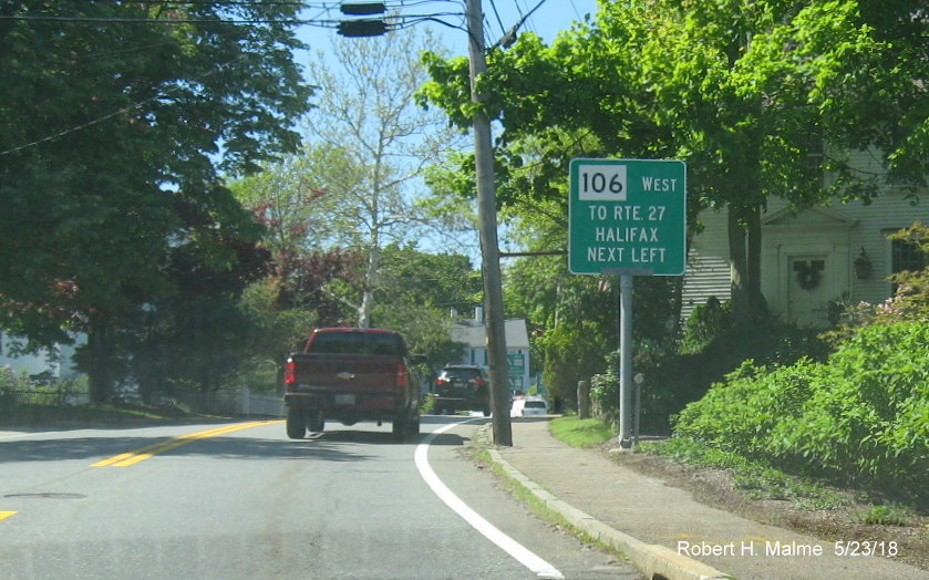 Image of guide signage for beginning of MA 106 West on MA 3A North in Kingston