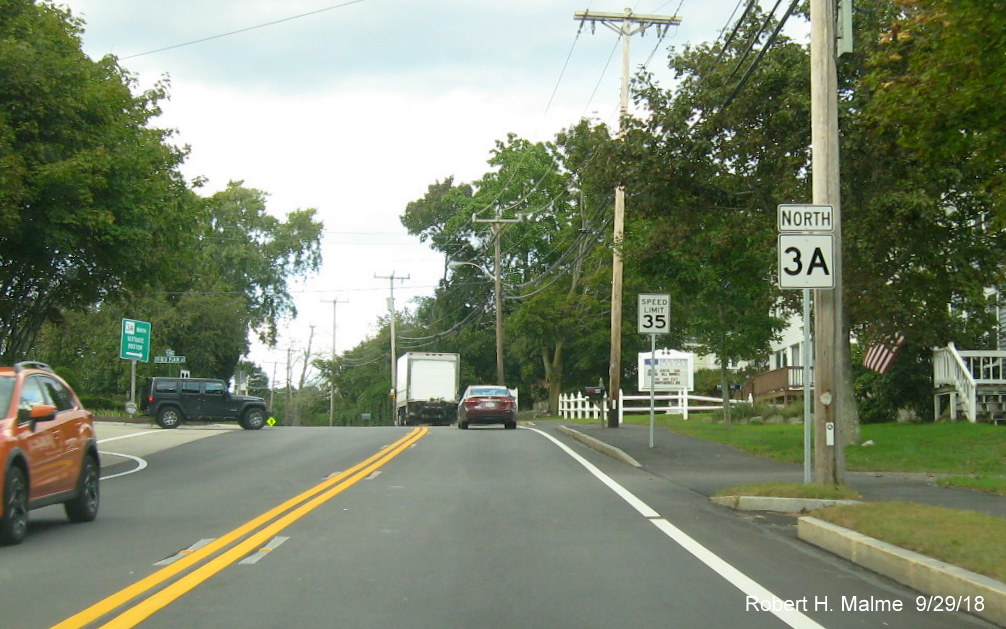 Image of first MA 3A North reasurance marker following intersection with MA 139 in Marshfield