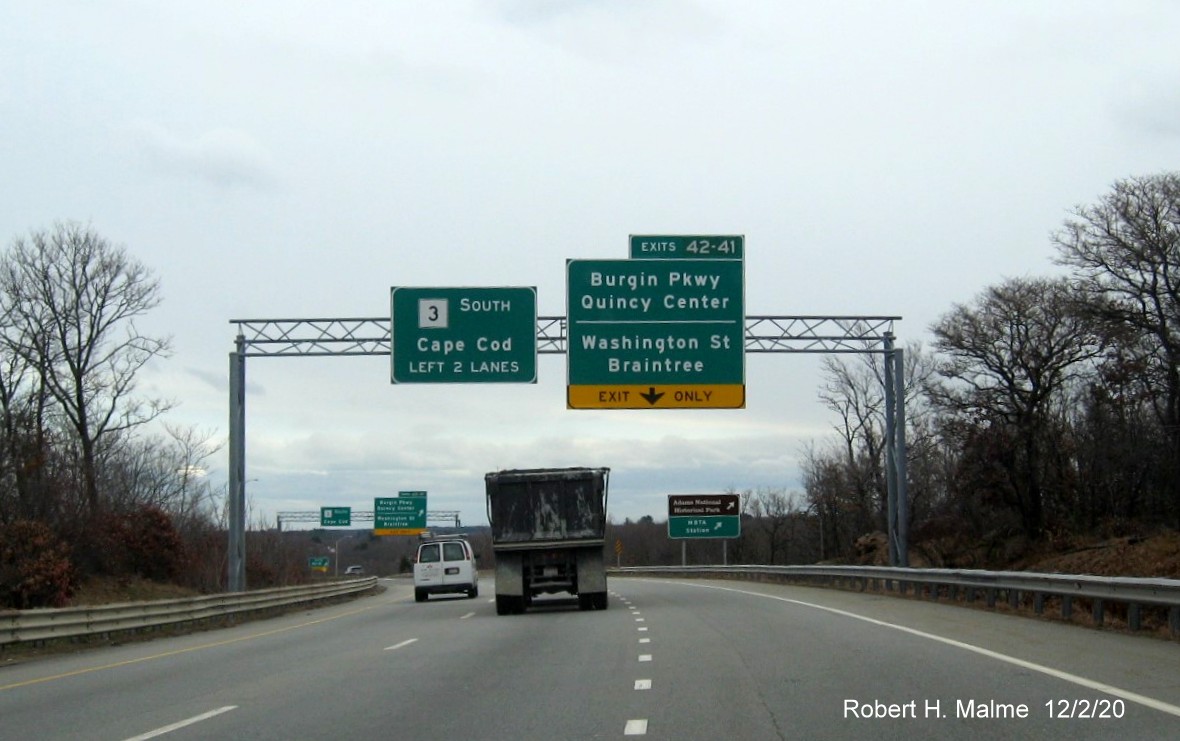 Image of overhead signs with 1/4 mile advance for Burgin Parkway/Washington Street exits with new milepost exit numbers on MA 3 South in Braintree, December 2020