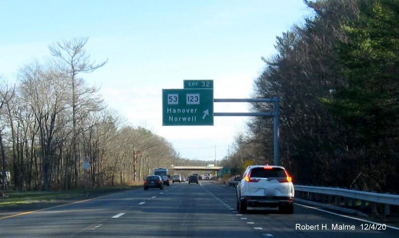 Image of overhead ramp sign at the MA 53 123 exit with new milepost based exit number on MA 3 South in Hanover, December 2020