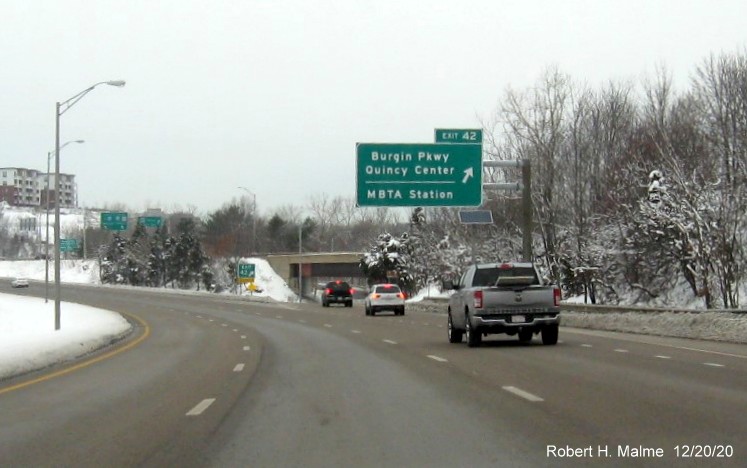 Image of overhead ramp sign for Burgin Parkway exit with new milepost based exit number on MA 3 North in Braintree, December 2020