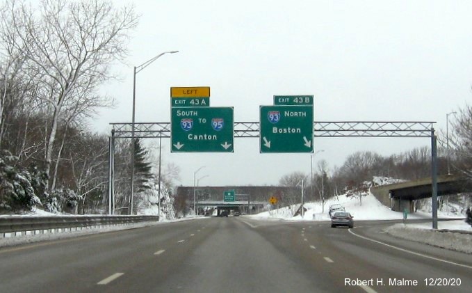 Image of overhead signs at ramps to I-93 South and North with new milepost based exit numbers on MA 3 North in Braintree, December 2020