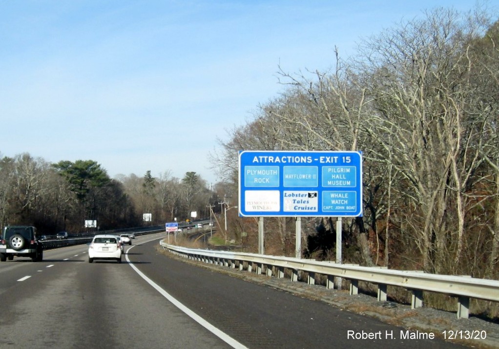 Image of blude Attractions Services sign for the US 44 East/Samoset Street exit with new milepost based exit number on MA 3 North in Plymouth, December 2020