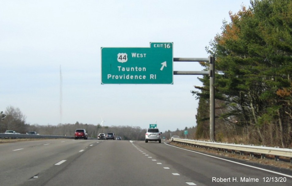 Image of overhead sign at US 44 West exit with new milepost based exit number on MA 3 North in Plymouth, December 2020
