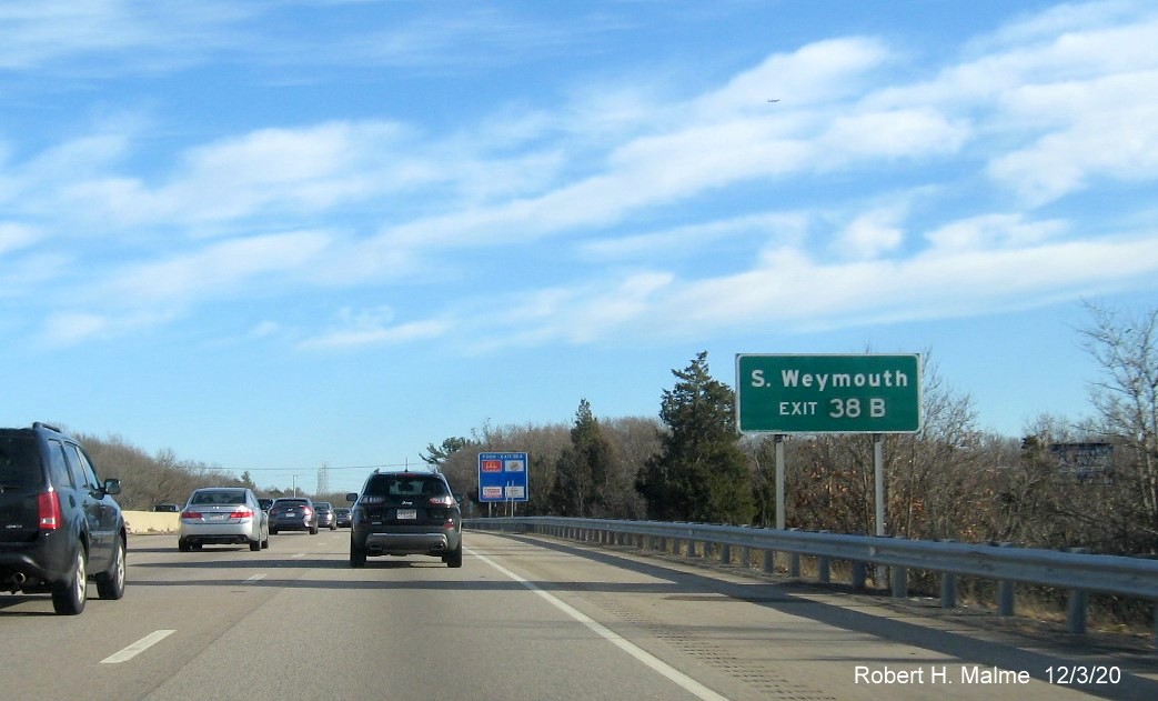 Image of auxiliary sign for MA 18 exit with new milepost based exit number on MA 3 South in Weymouth, December 2020
