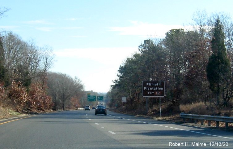 Image of auxiliary sign for Plimoth Plantation Highway exit with new milepost based exit number on MA 3 South in Plymouth, December 2020
