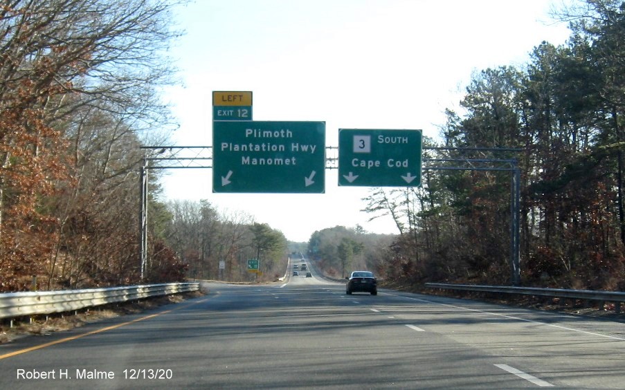 Image of overhead signs at ramp for Plimoth Plantation Highway exit with new milepost based exit number on MA 3 South in Plymouth, December 2020