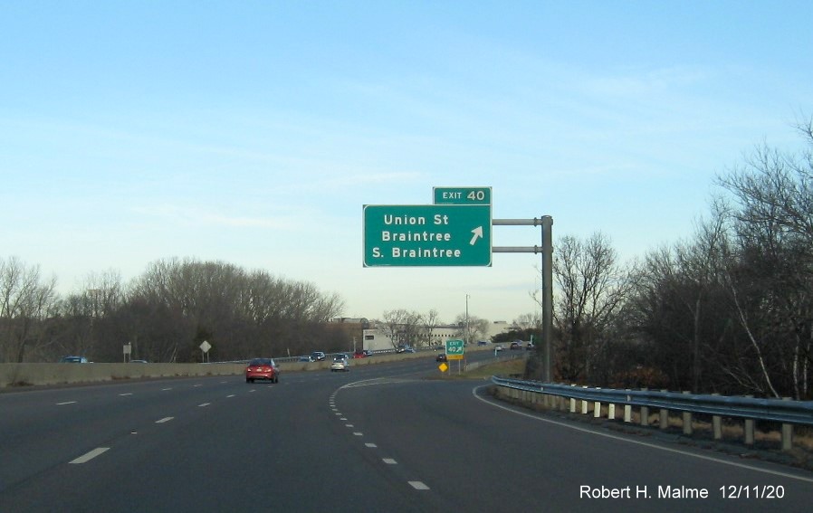 Image of overhead ramp sign for Union Street exit with new milepost based exit number on MA 3 North in Braintree, December 2020
