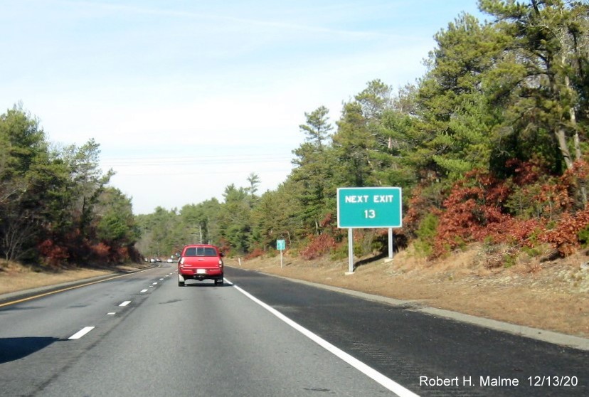 Image of ground mounted Next Exit sign for Long Pond Road exit with new milepost based exit number on MA 3 North in Plymouth, December 2020