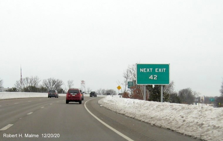 Next Exit guide sign on MA 3 North in Braintree updated to include new milepost based exit number, December 2020