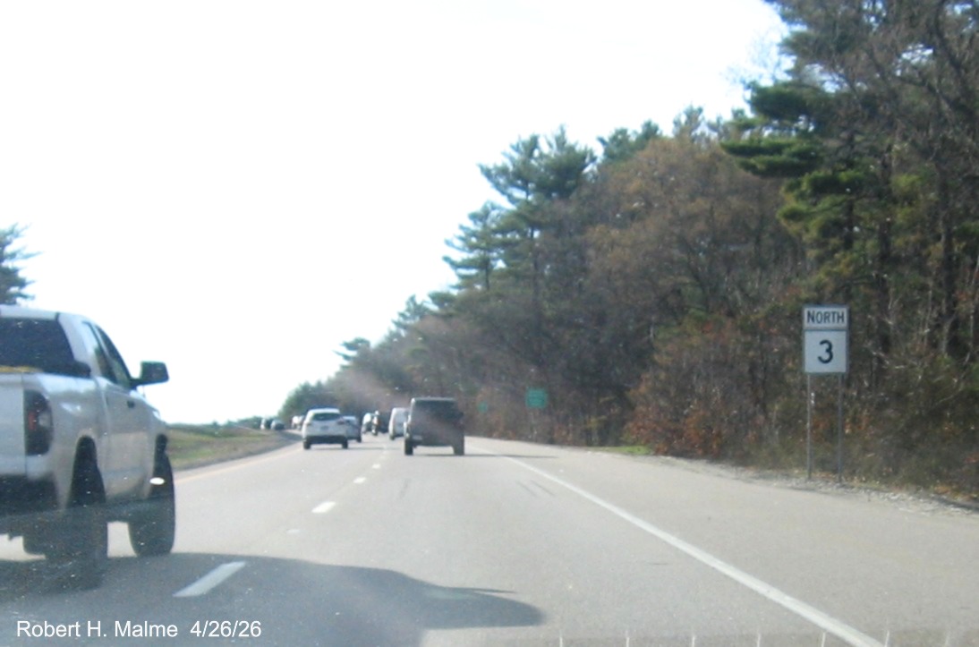 Image of North MA 3 North reassurance marker after the Derby Street exit, April 2026