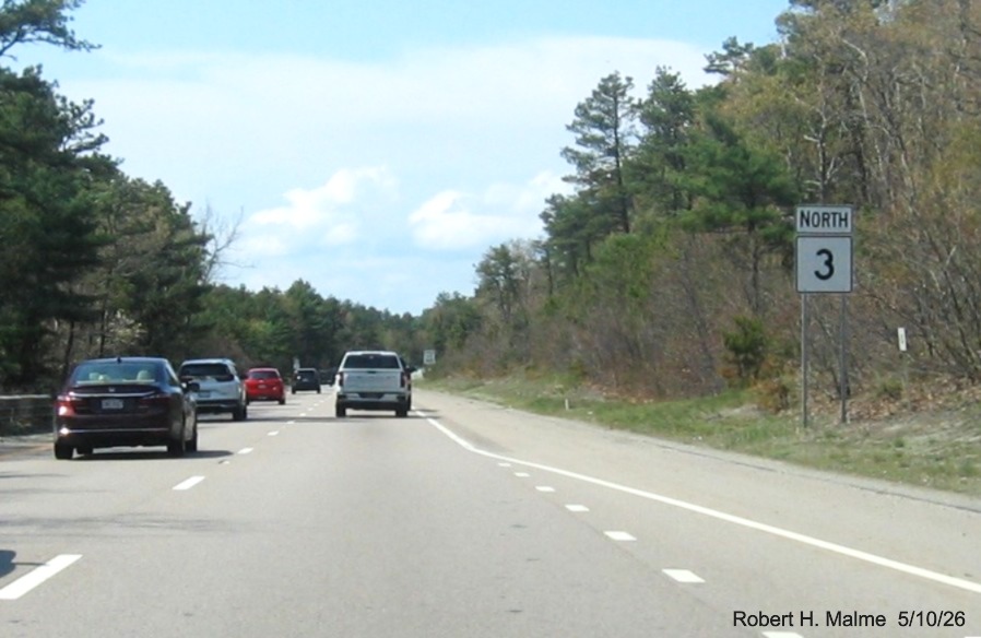 Image of new North MA 3 reassurance marker after the Clark Road exit in Plymouth, May 2026