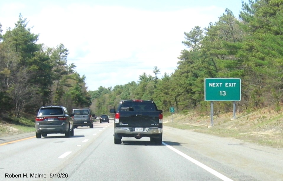 Image of new Next Exit 13 sign for the Long Pond Road exit on MA 3 North in Plymouth, May 2026
