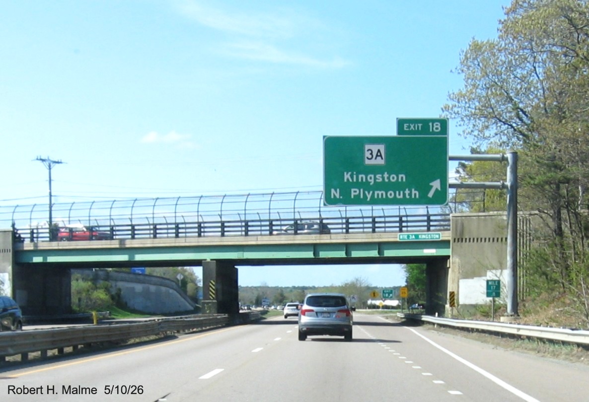 Image of overhead ramp sign for the MA 3A Kingston exit on MA 3 North in Kingston, May 
	2026