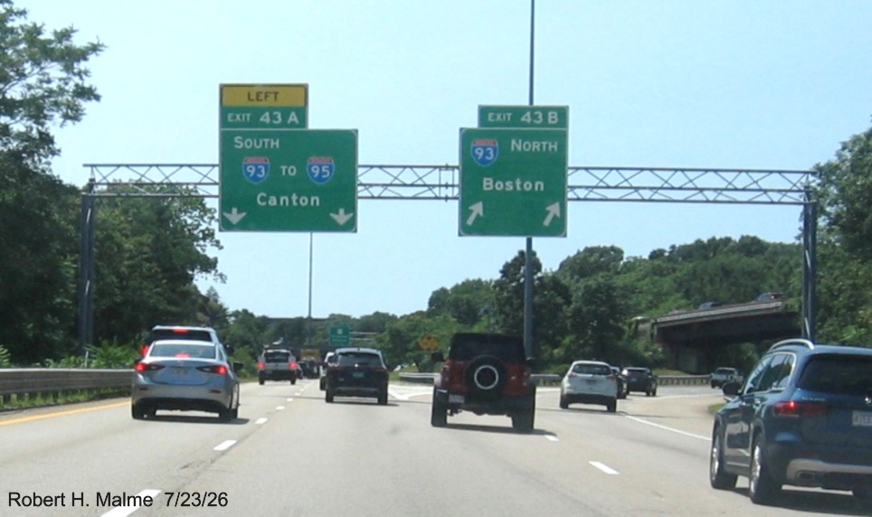 Image of new overhead signage at the ramps for the I-93/US 1 exits in Braintree, 
	July 2026