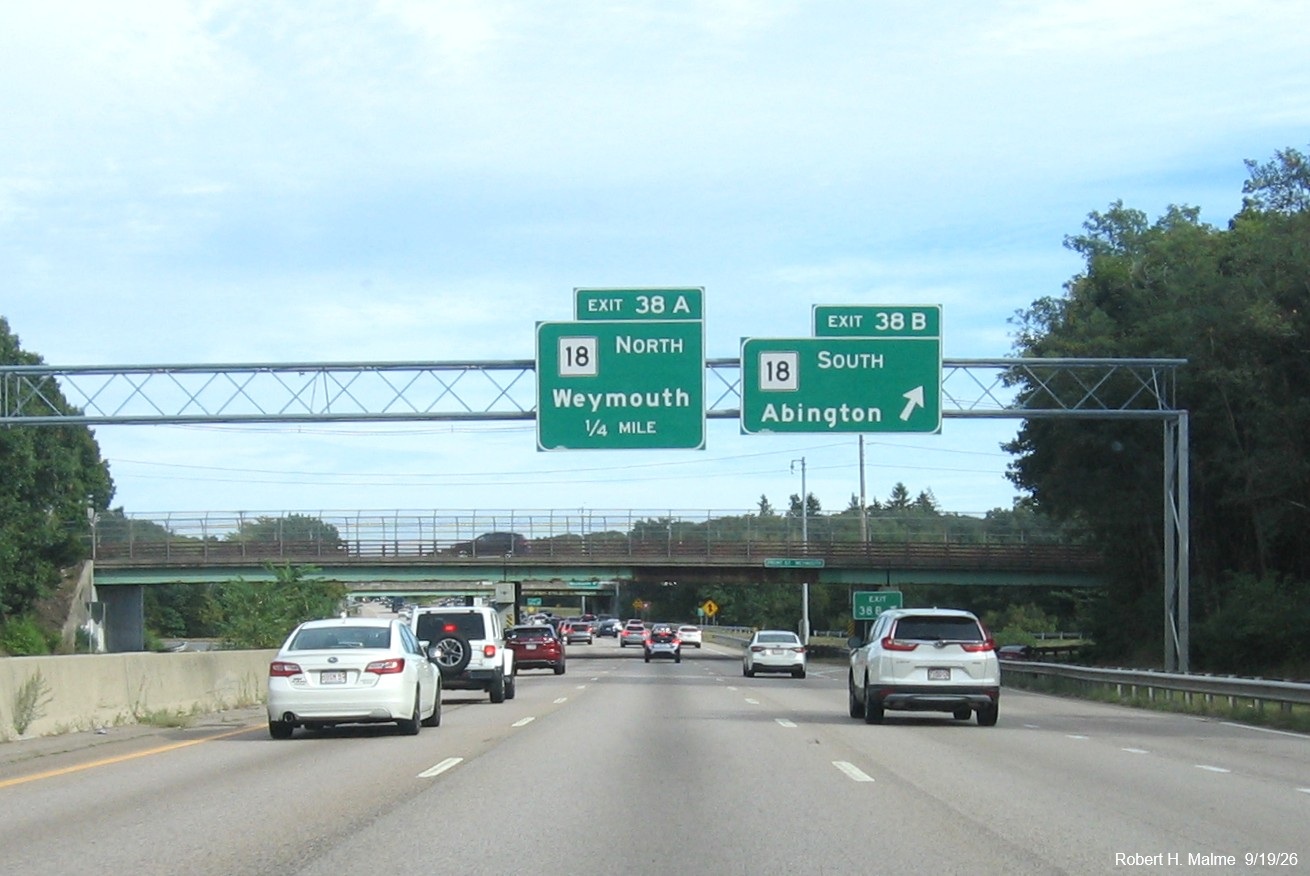 Image of new overhead signs at the ramp for the MA 18 South exit on MA 3 South in Weymouth, 
	September 2026