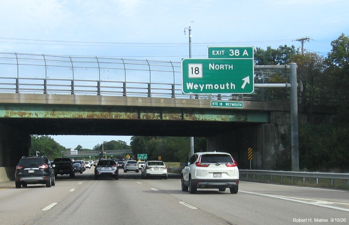 Image of new overhead ramp sign at the MA 18 North exit on MA 3 South in Weymouth, 
	September 2026
