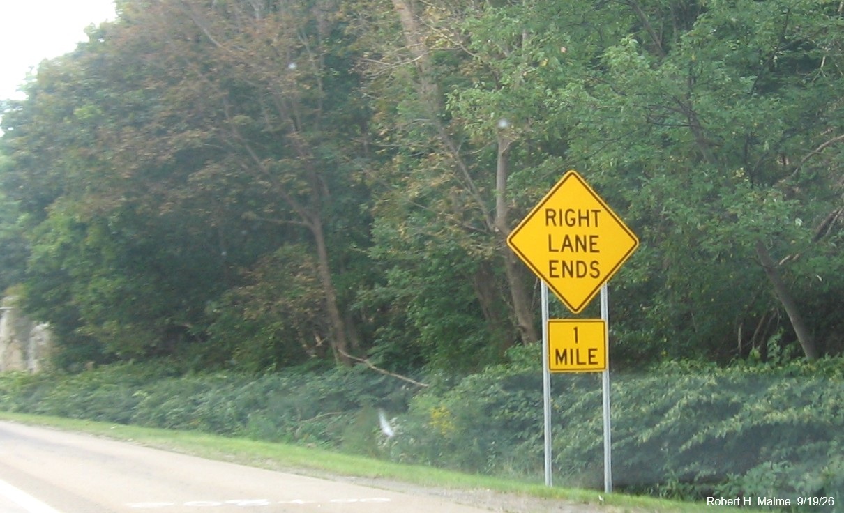 Image of new Right Lane Ends in 1 Mile, warning sign on MA 3 South in Weymouth, September 
	2026