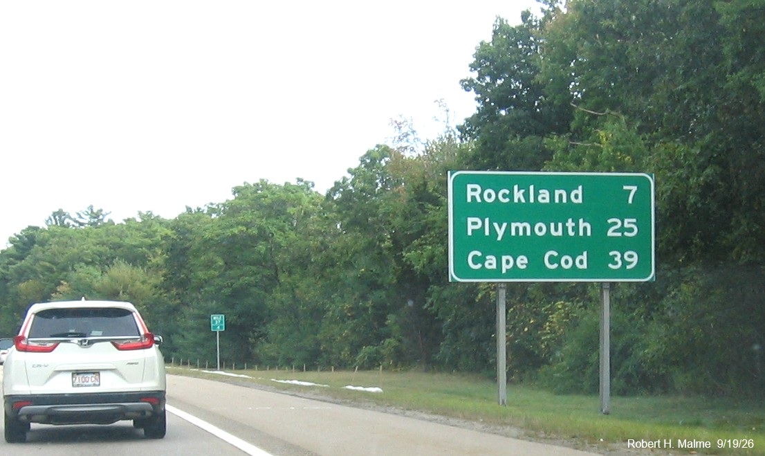 Image of new post-interchange advance sign after the MA 18 South exit on MA 3 South in Weymouth, 
	September 2026