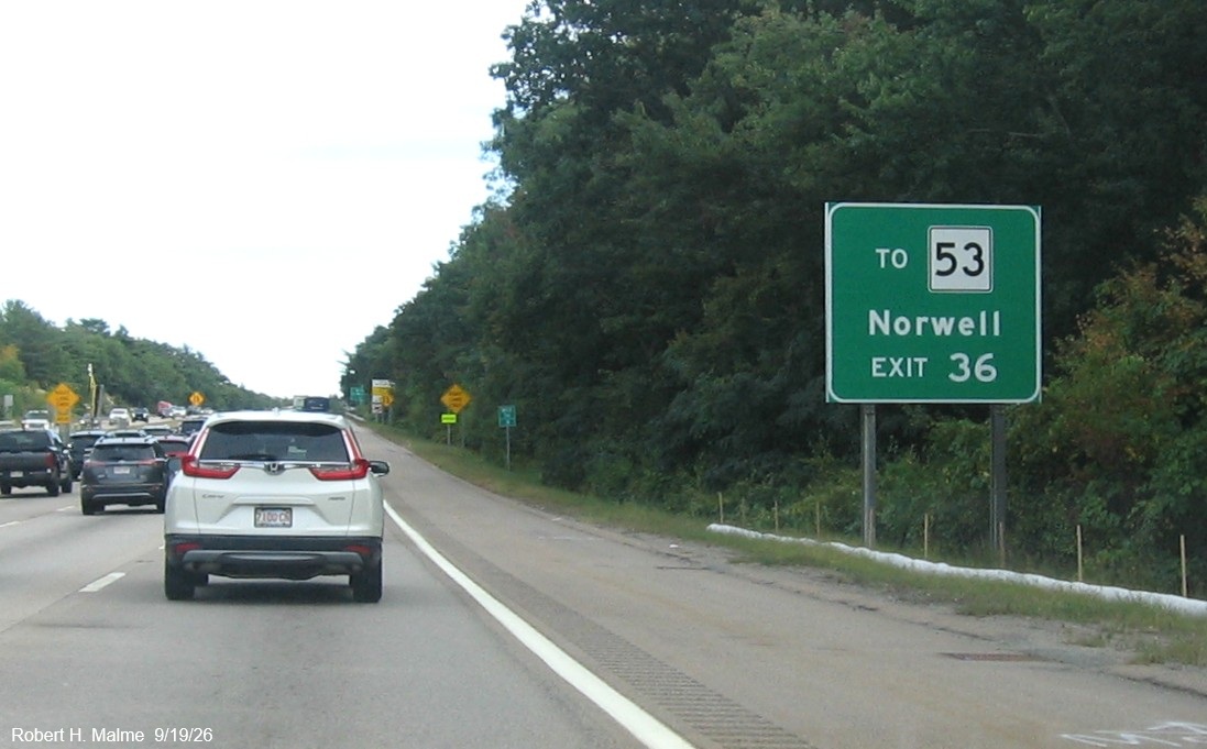 Image of new ground mounted To MA 53 auxiliary sign for the Derby Street exit on MA 3 South in 
	Weymouth, September 2026