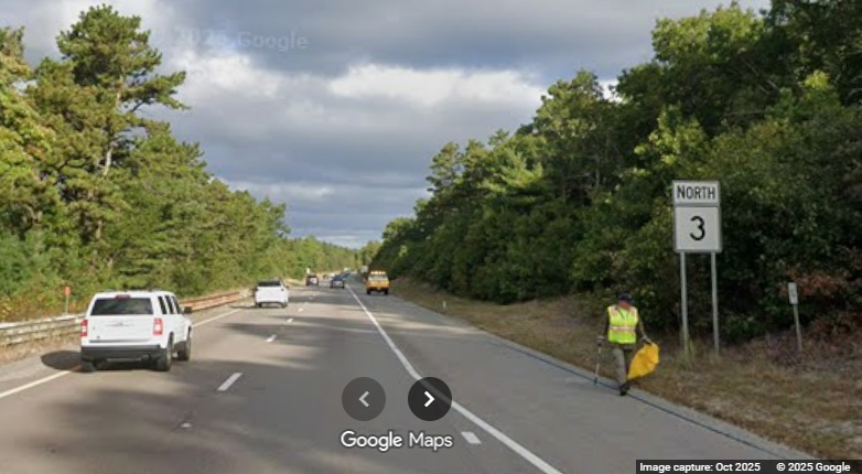 Image of new North MA 3 reassurance marker in Plymouth, Google Maps Street View, 
	July 2025