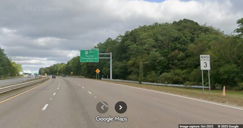 Image of new North MA 3 reassurance marker in Plymouth after the US 44 East exit, Google 
	Maps Street View, July 2025