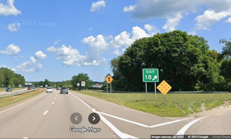 Image of new gore sign for MA 3A exit on MA 3 North in Plymouth, Google Maps Street View, 
	July 2025