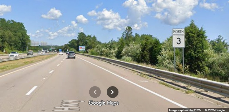 Image of new North MA 3 reassurance marker in Plymouth after the MA 3A exit, Google Maps 
	Street View, July 2025