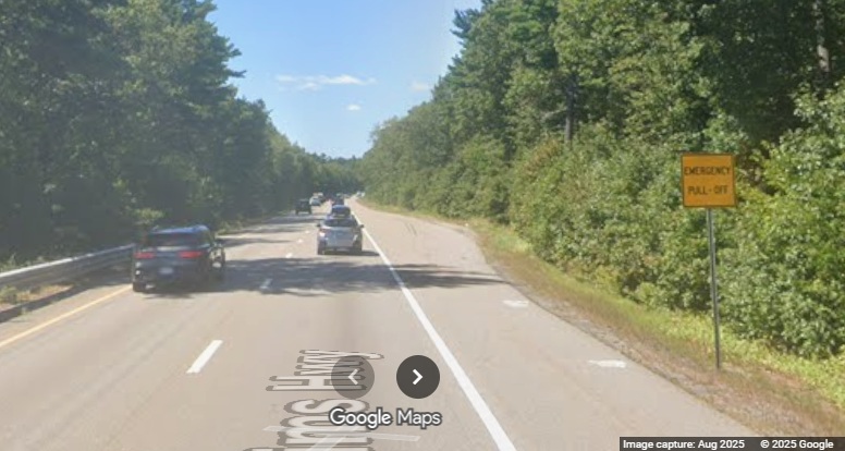 Image of new Emergency Pull-Off sign on MA 3 North in Rockland, Google Maps Street View, 
	August 2025