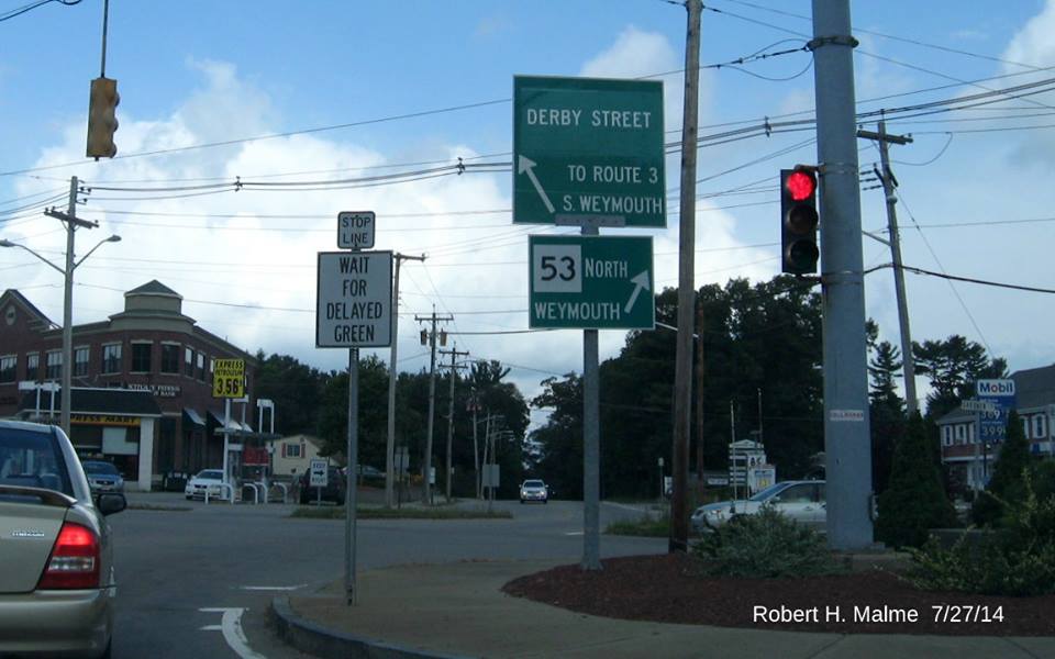 Image of revised guide sign for Derby Street on MA 53 North in Hingham.